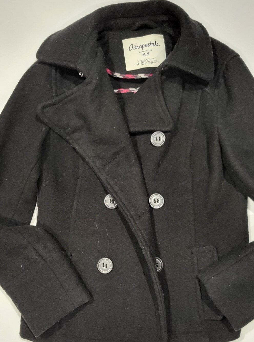 Vintage Aeropostale Women's Black Double-Breasted Pea Coat with Notched Collar